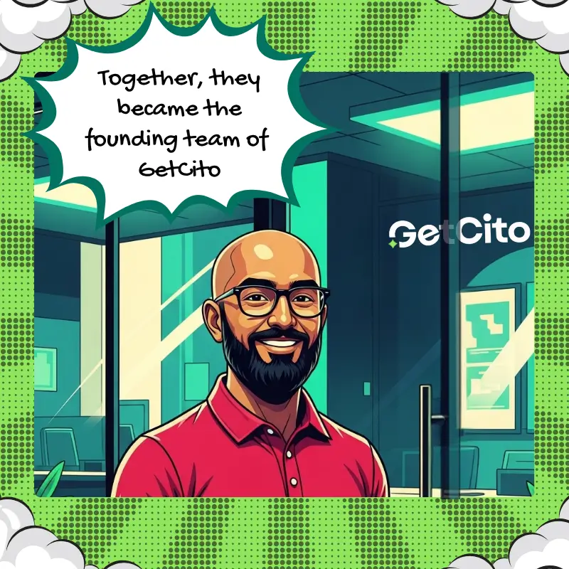 Comic-style illustration of four GetCito team members smiling in an office with charts and diagrams on the wall. A text box reads, 'Yash, the pattern-seer; Muskan, the storyteller; and Piyush & Saroj, the organizers, completed the founding team of GetCito.'