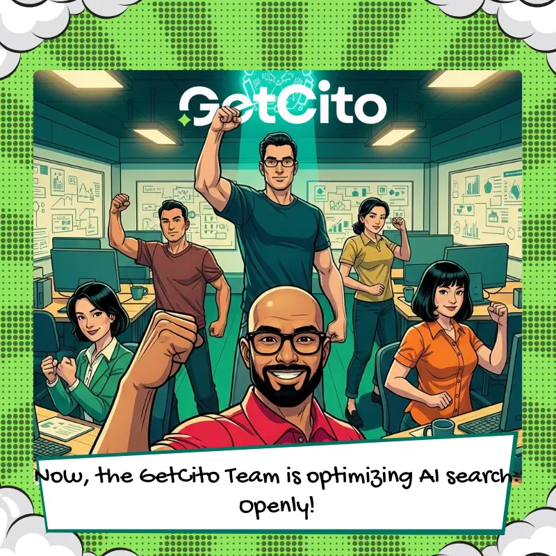 A comic-style illustration showing the GetCito team standing together in a modern office. Avinash, the founder, is smiling in the front with his fist raised in a celebratory gesture. The rest of the team, a diverse group of individuals, are also raising their fists in solidarity. Behind them is a glowing GetCito logo and multiple digital screens displaying data. The text at the bottom reads, 'The whole GetCito team is now ready to build a better world, together.
