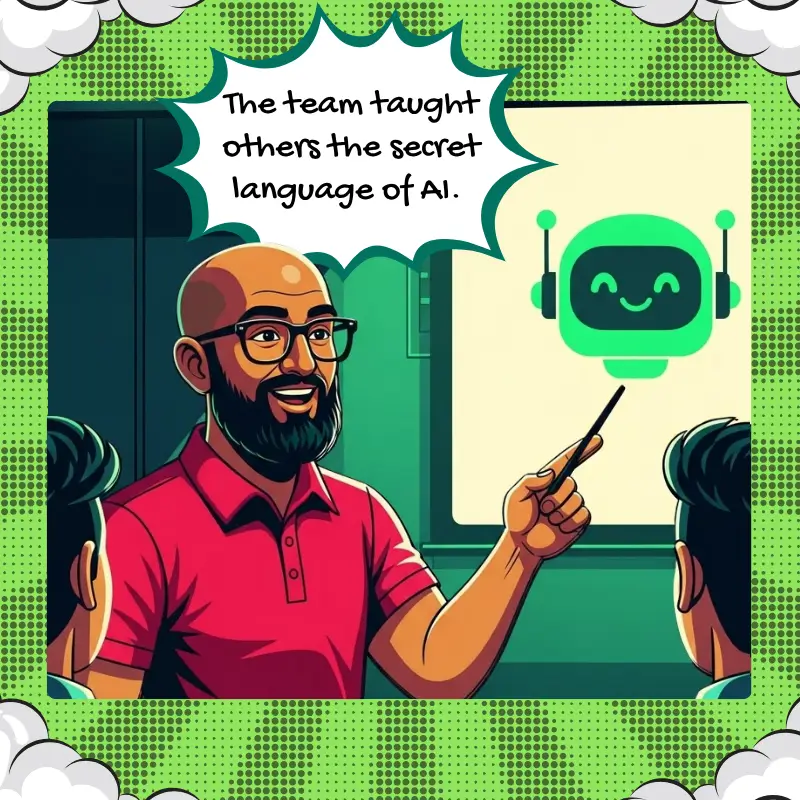 A comic-style illustration featuring the founder of GetCito, a man in a red polo shirt, standing in front of a screen displaying a smiling AI robot. He is holding a pointer while explaining something to two individuals in front of him. A speech bubble above him says, 'The team taught others the secret language of AI.'