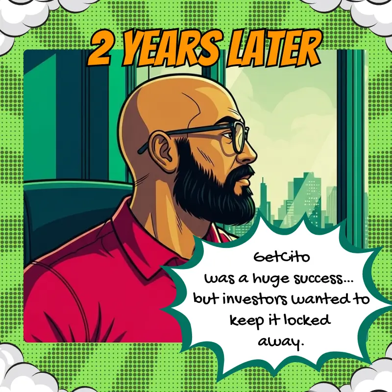 A comic-style illustration of Avinash, the founder of GetCito, standing with his back to the viewer, looking at a large map of the world on a screen. The text '2 YEARS LATER' is prominently displayed at the top, and a speech bubble reads, 'GetCito was a huge success. But Avinash was unhappy.' The scene conveys a sense of contemplation and dissatisfaction.