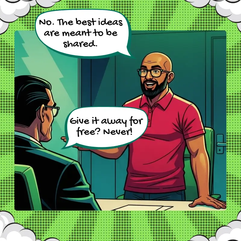 A comic-style illustration of Avinash, the founder of GetCito, speaking to a man in a suit. Avinash, wearing a red polo shirt, is smiling and gesturing with his hands as he says, 'Give it away for free? Never!' The other man is listening intently, and a speech bubble above Avinash reads, 'We must make it open source.' The scene takes place in a modern office setting.