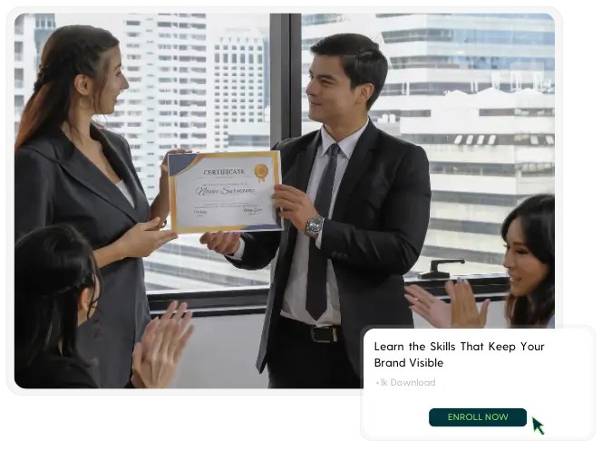 Woman receives a certificate for vompleting the course by GetCito in a formal event as others applaud. Cityscape visible behind.