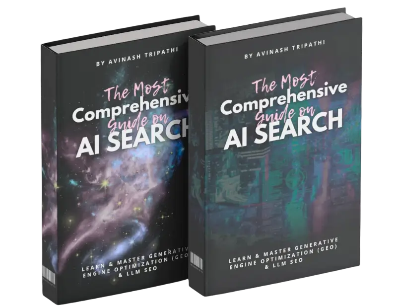 Two copies of a book titled 'The Most Comprehensive Guide on AI Search' by Avinash Tripathi, featuring cosmic and tech-themed covers.